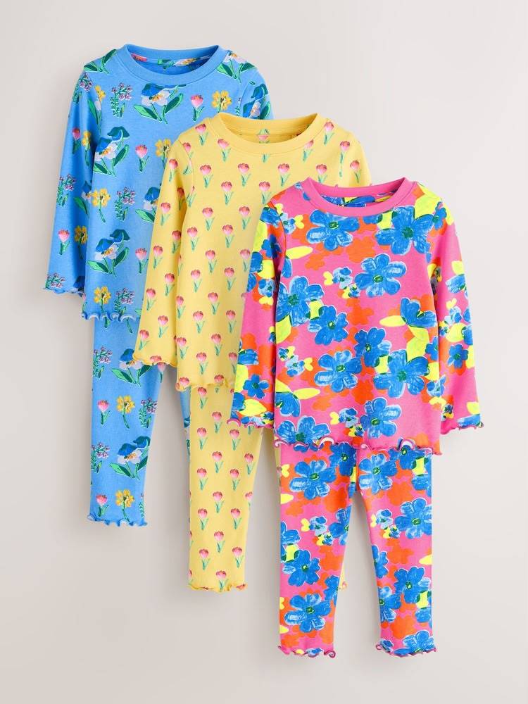 Girls 3-Pack Vibrant Floral Ruffle Pajama Sets - Blue, Yellow & Pin
