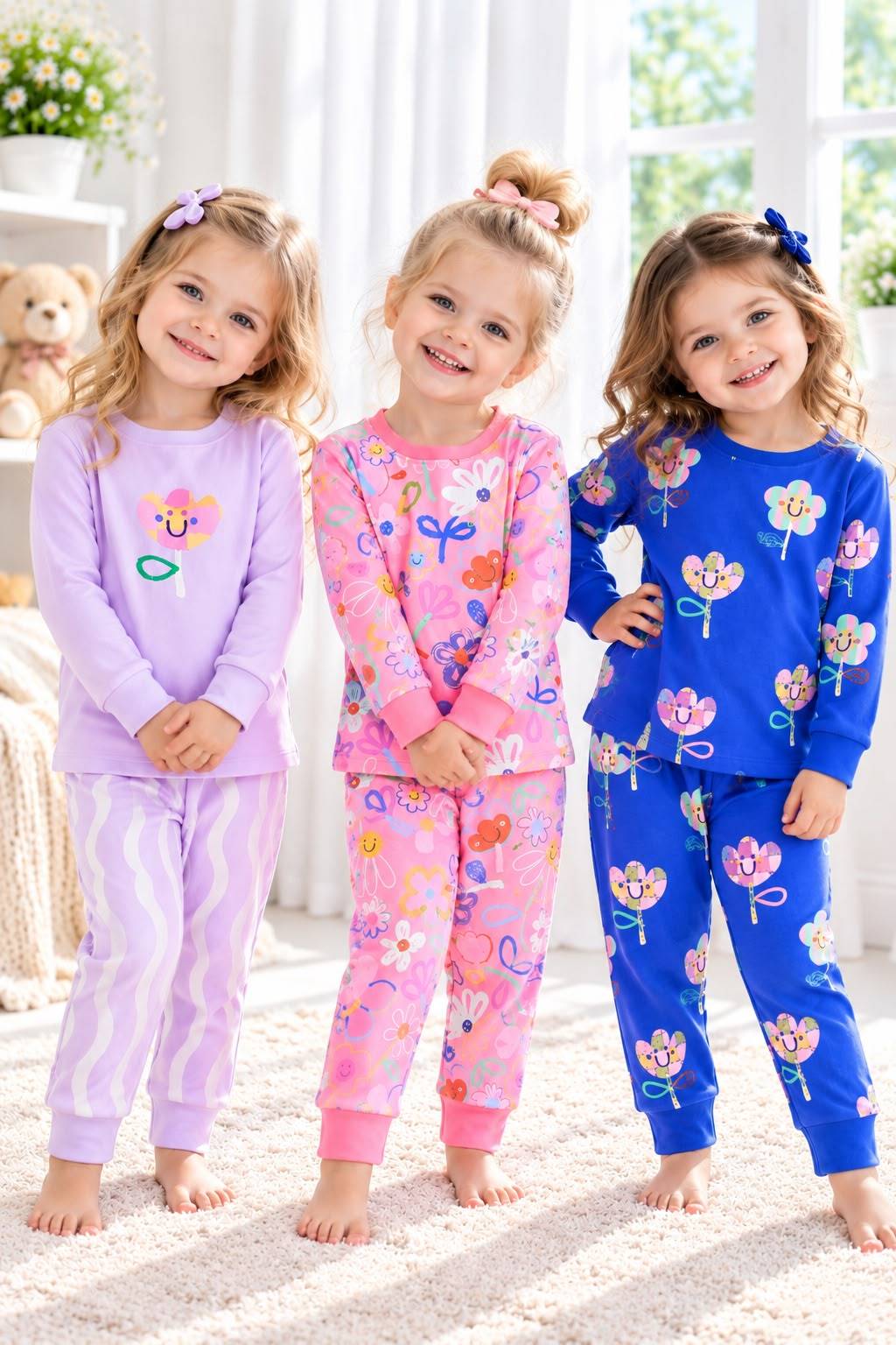Girls Happy Flower Print Pajama Set | Long Sleeve Top & Trouser Night Suit for Kids