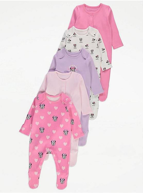 Baby Girls Minnie Mouse Print Sleepsuits - Pack of 5 | Long Sleeve Cotton Romper Set