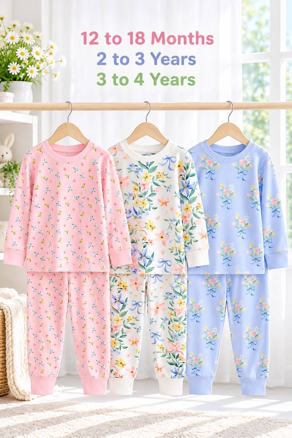 Girls Floral Long-Sleeve Pajama Set - Pink, Cream & Blue (2-4 Years)