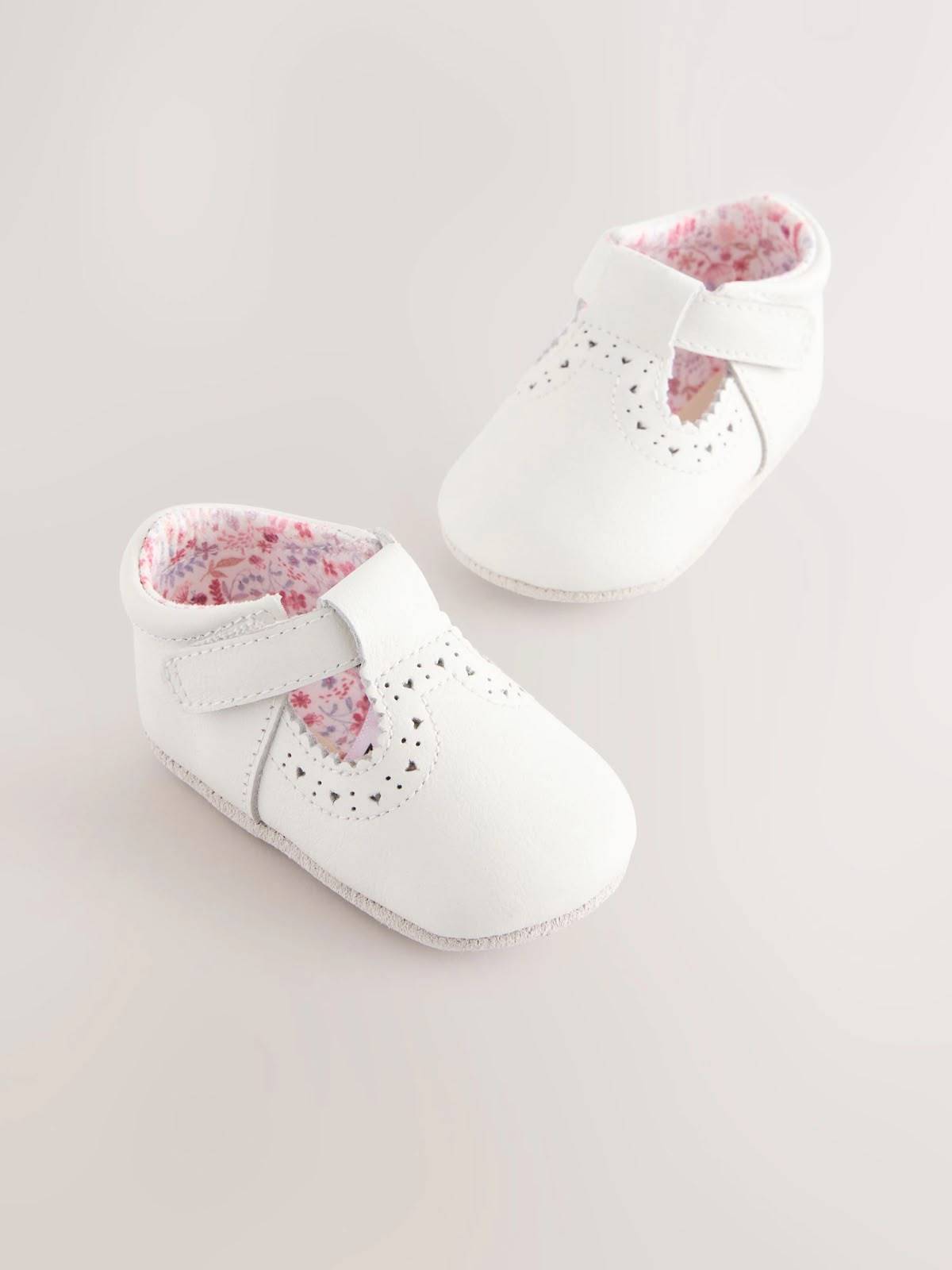 Baby Girl White T-Bar Soft Sole Shoes | Floral Lining Crib Shoes for Newborn